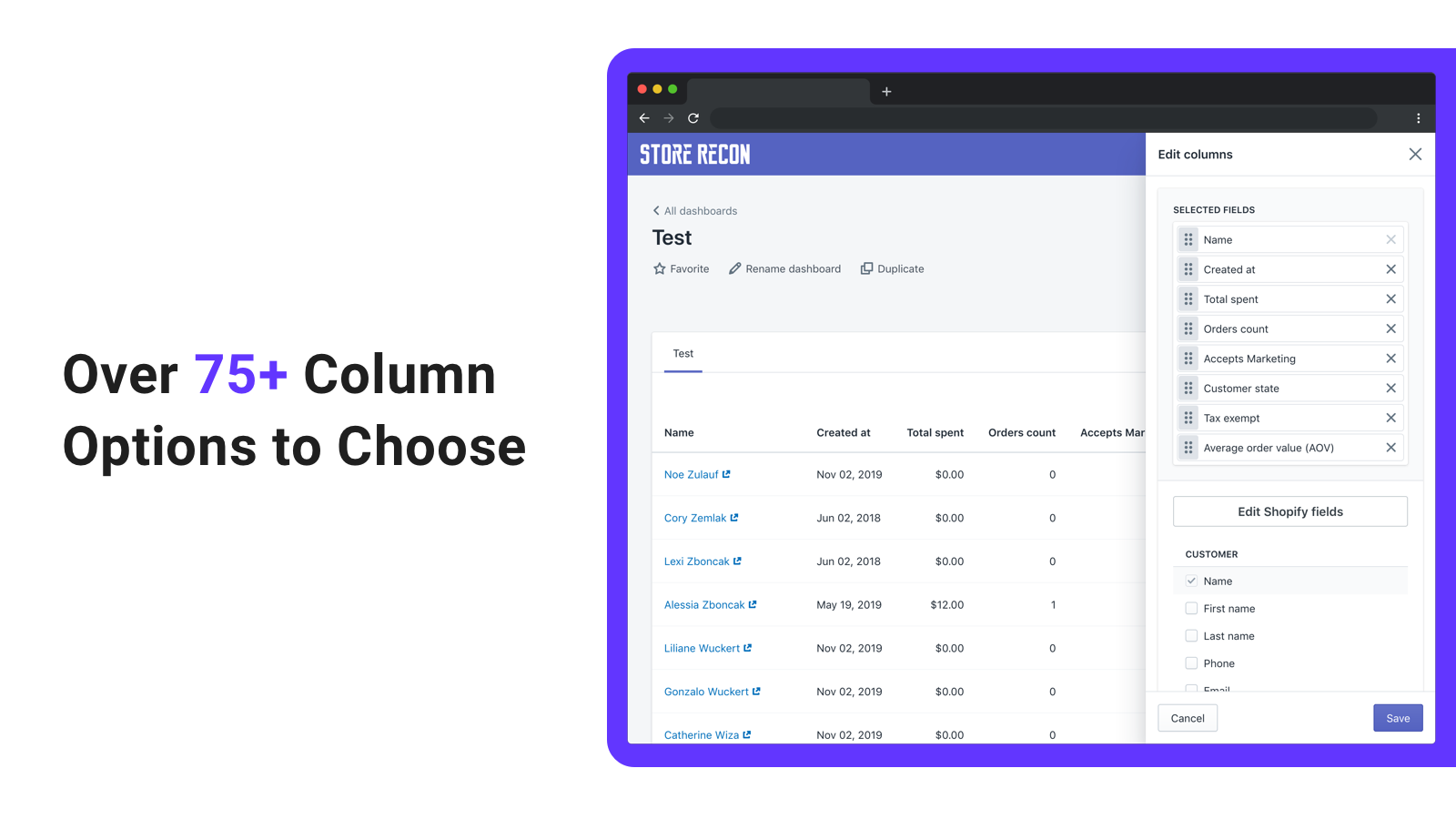 75+ column options to choose from