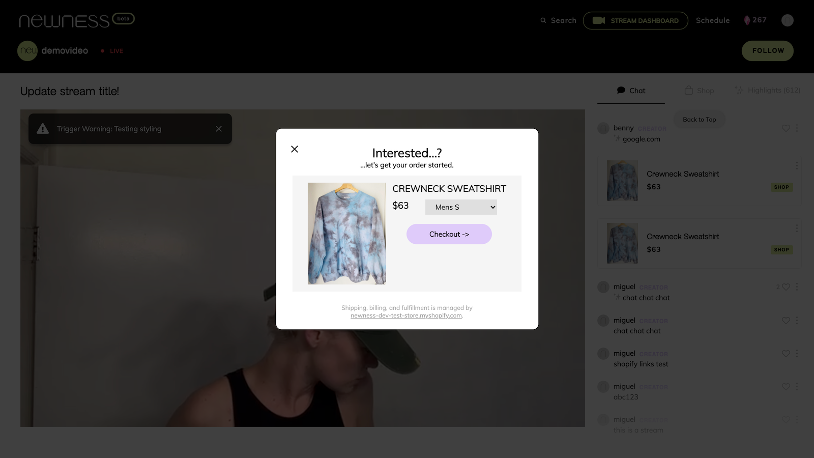 A checkout is started when users click the product in chat.