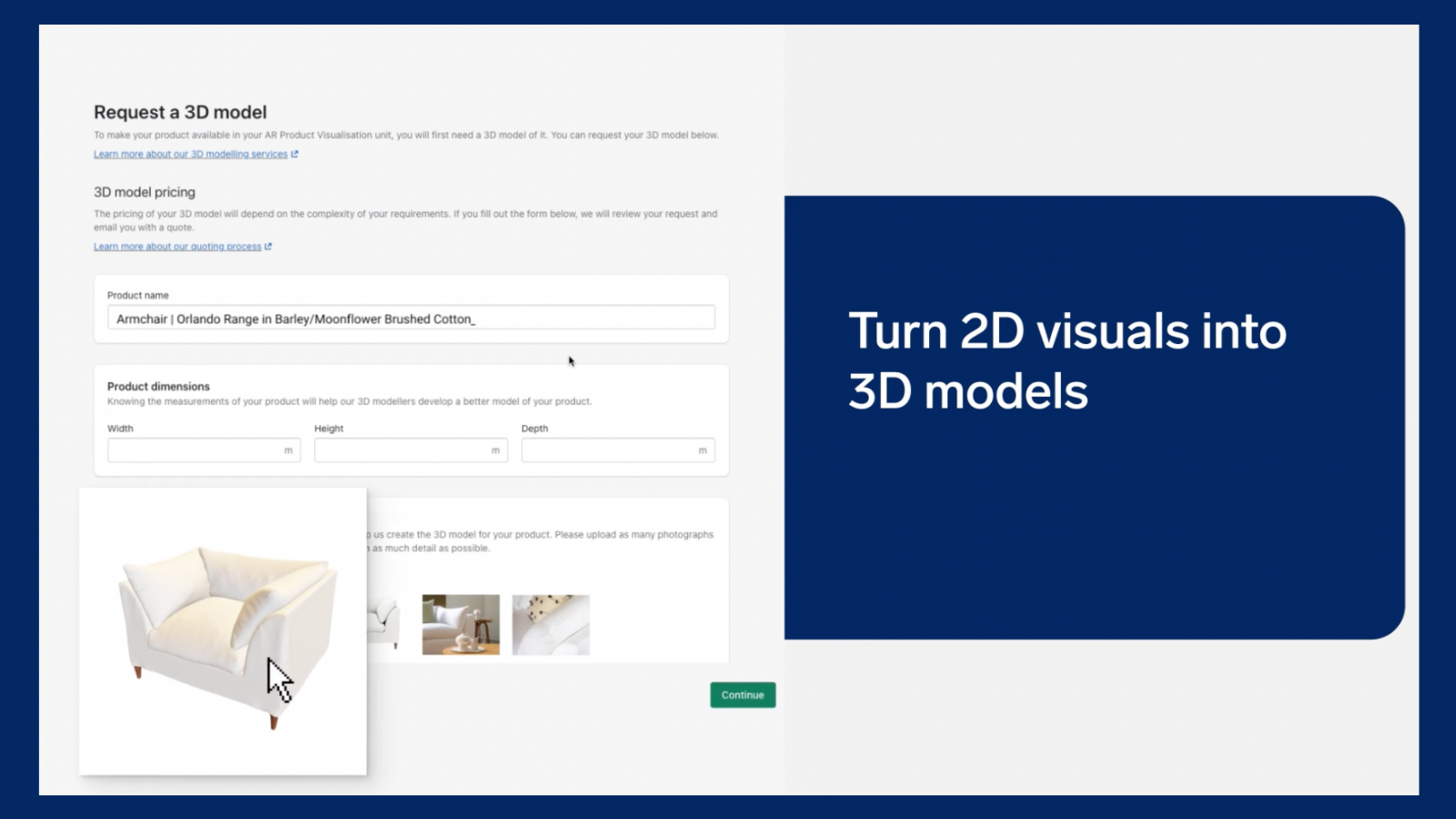 A form enabling merchants to request 3D models of products