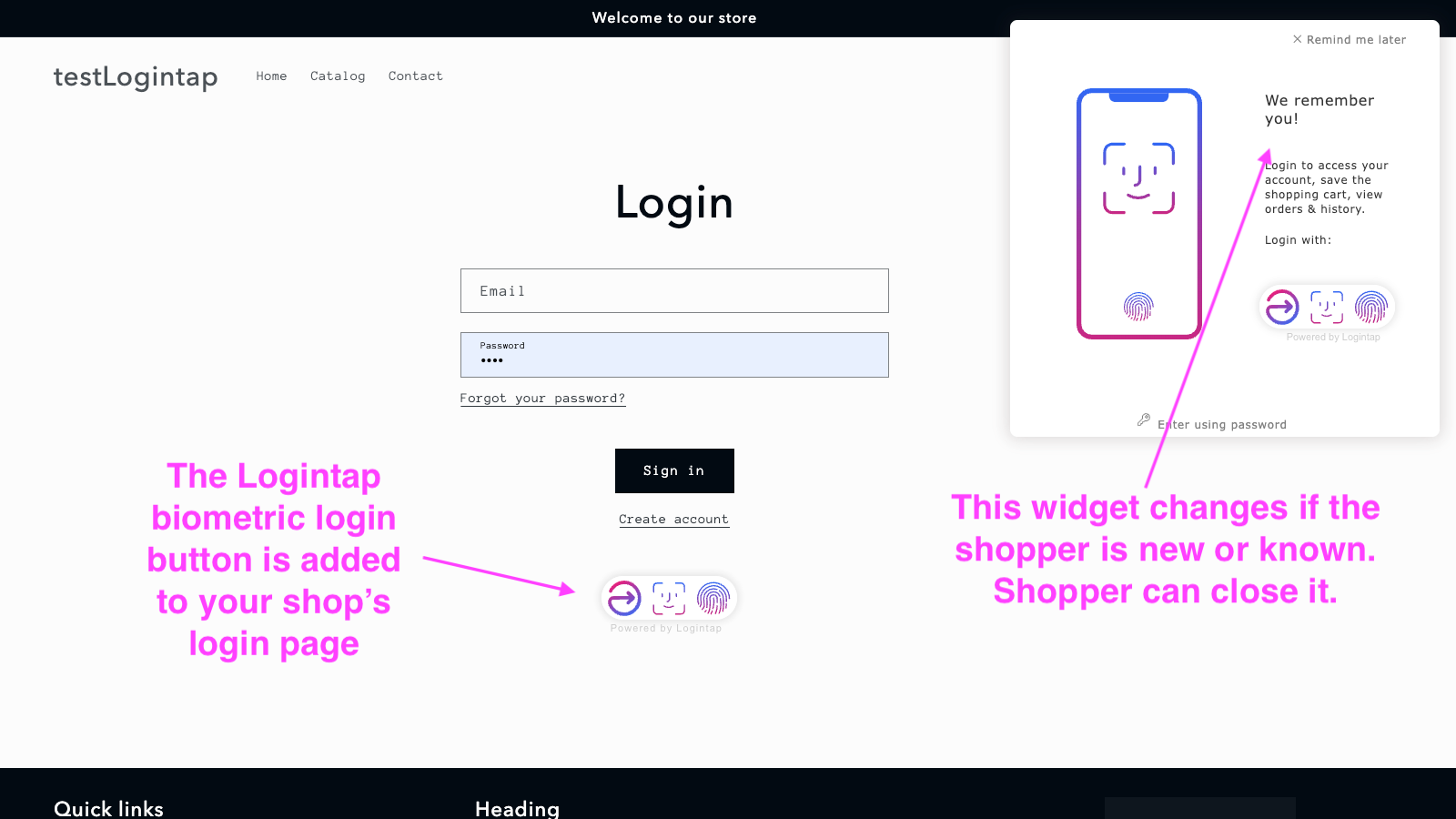 A login page of your shop is added with biometric buttons