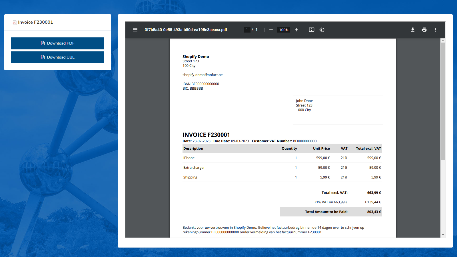 A sample generated invoice