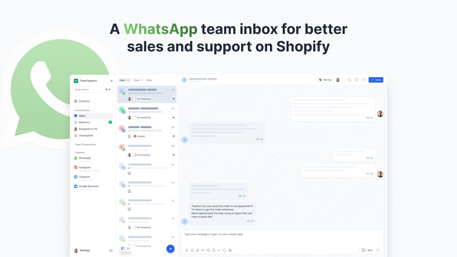 A WhatsApp team inbox for better sales and support over Shopify