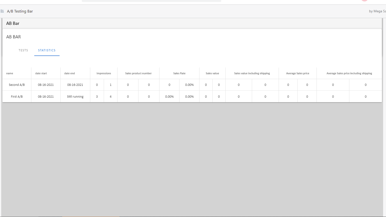 A/B Test banner bar - results Stats dashboard