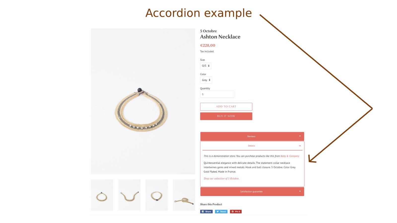 Accordion with product description in product detail page
