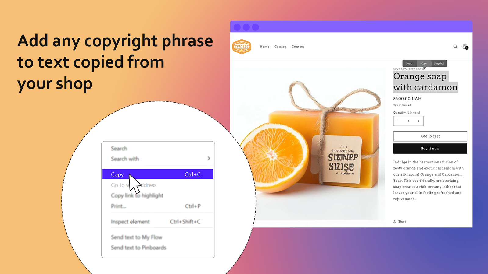 add any copyright phrase to text copied from your shop
