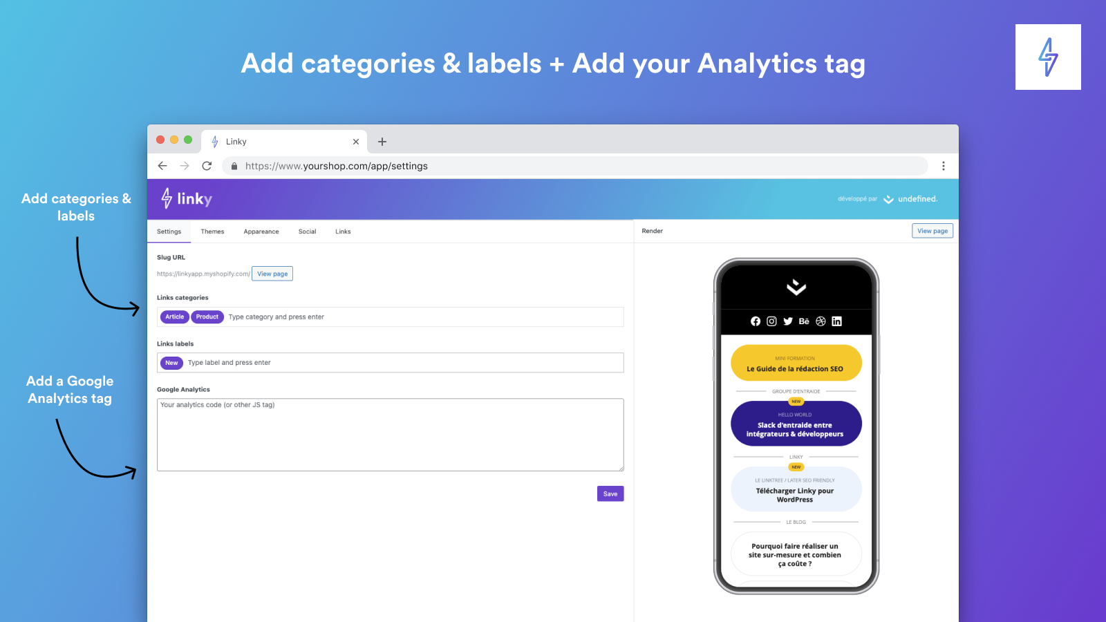 Add categories & labels + Add your Analytics tag