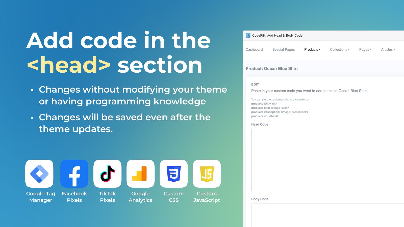 Add code to the head section of your Shopify store