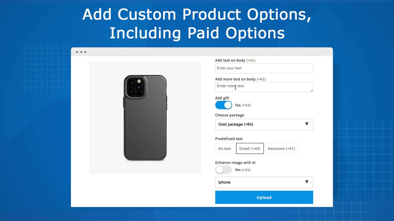 Add custom product options, incuding paid product options