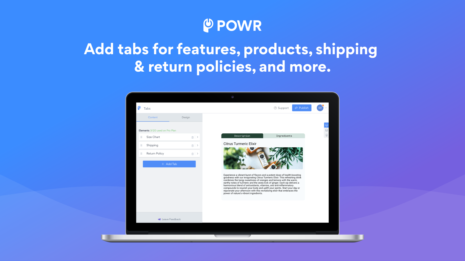 Add features, products, shipping and returns policies.