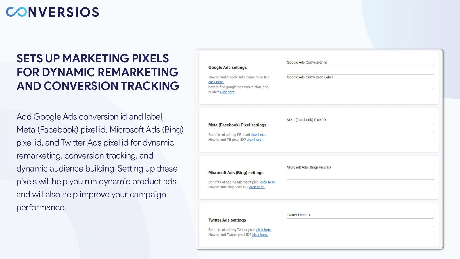 add marketing pixels for google ads fb microsoft ads and twitter