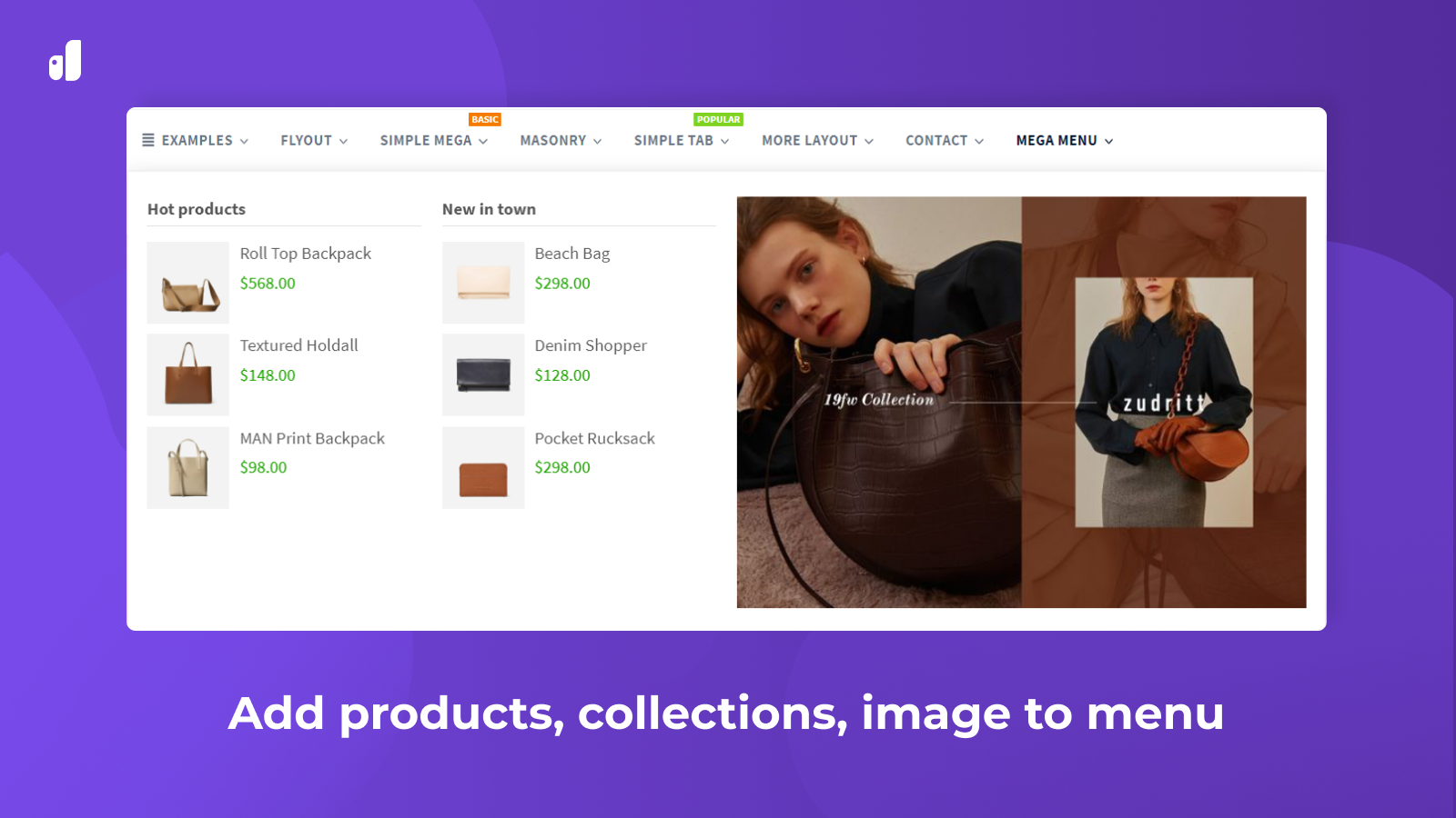 Add products, collections, image to menu