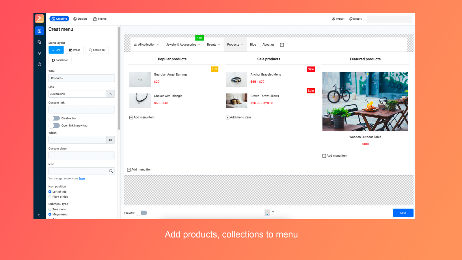 Add products, collections to menu