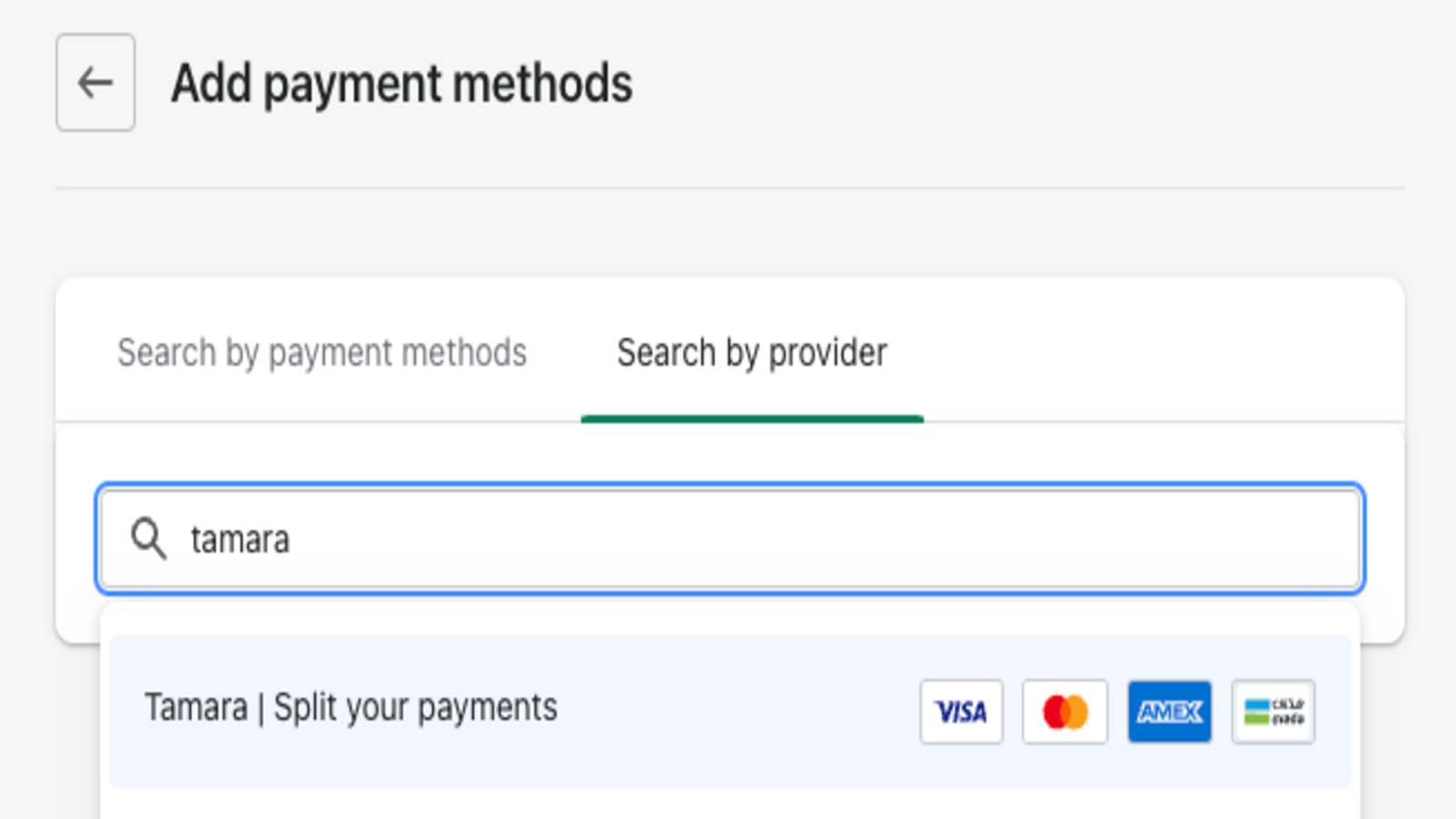 Add Shopify payment app, search Tamara Split your payments