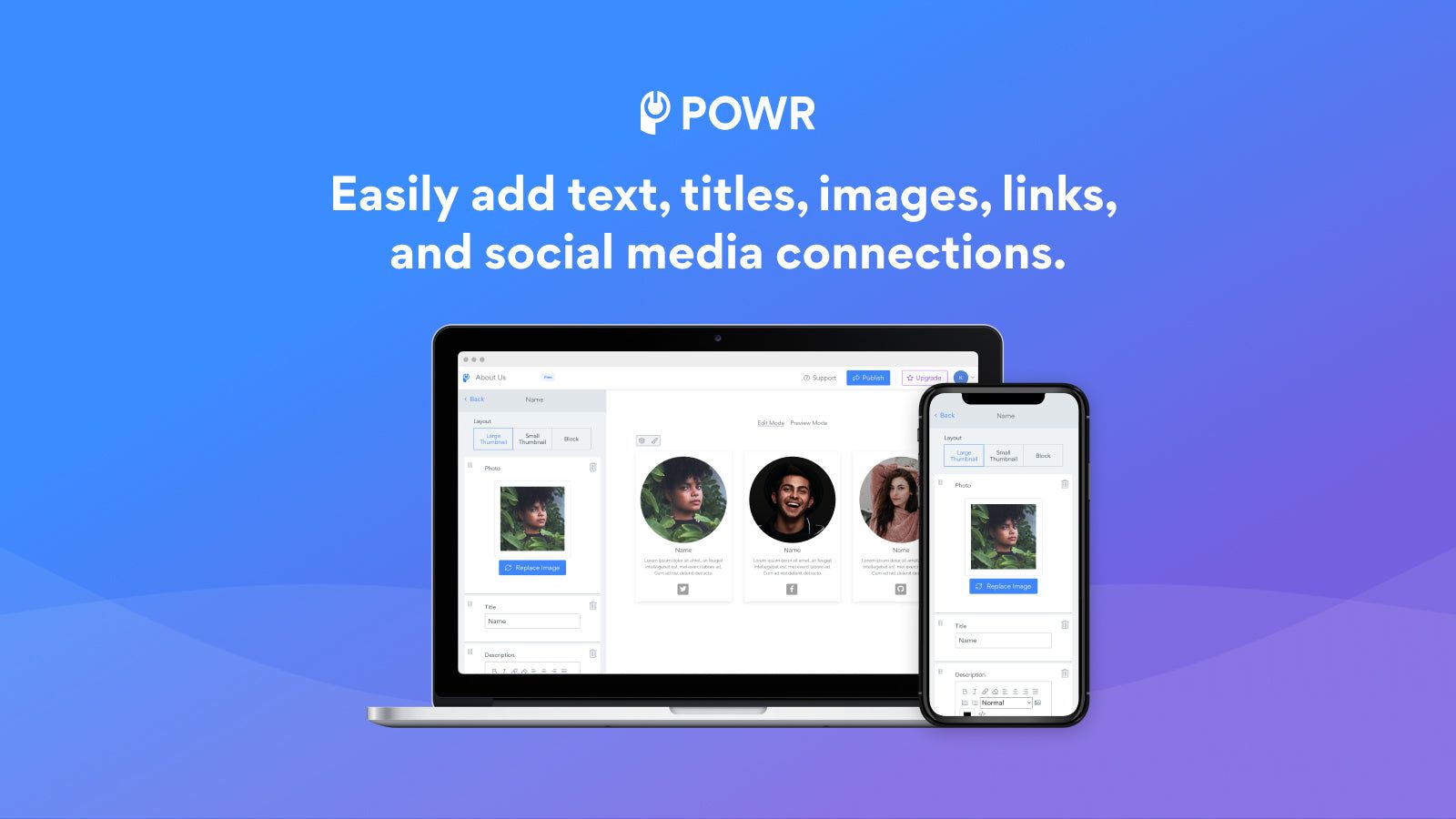 Add text, titles, images, links and social media accounts