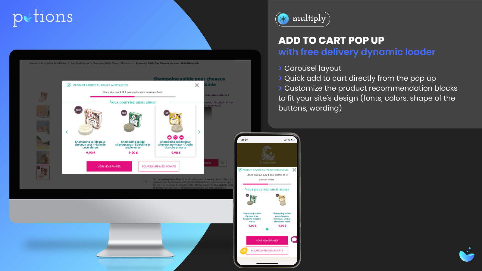 Add-to-cart pop-up recommendations with free delivery bar