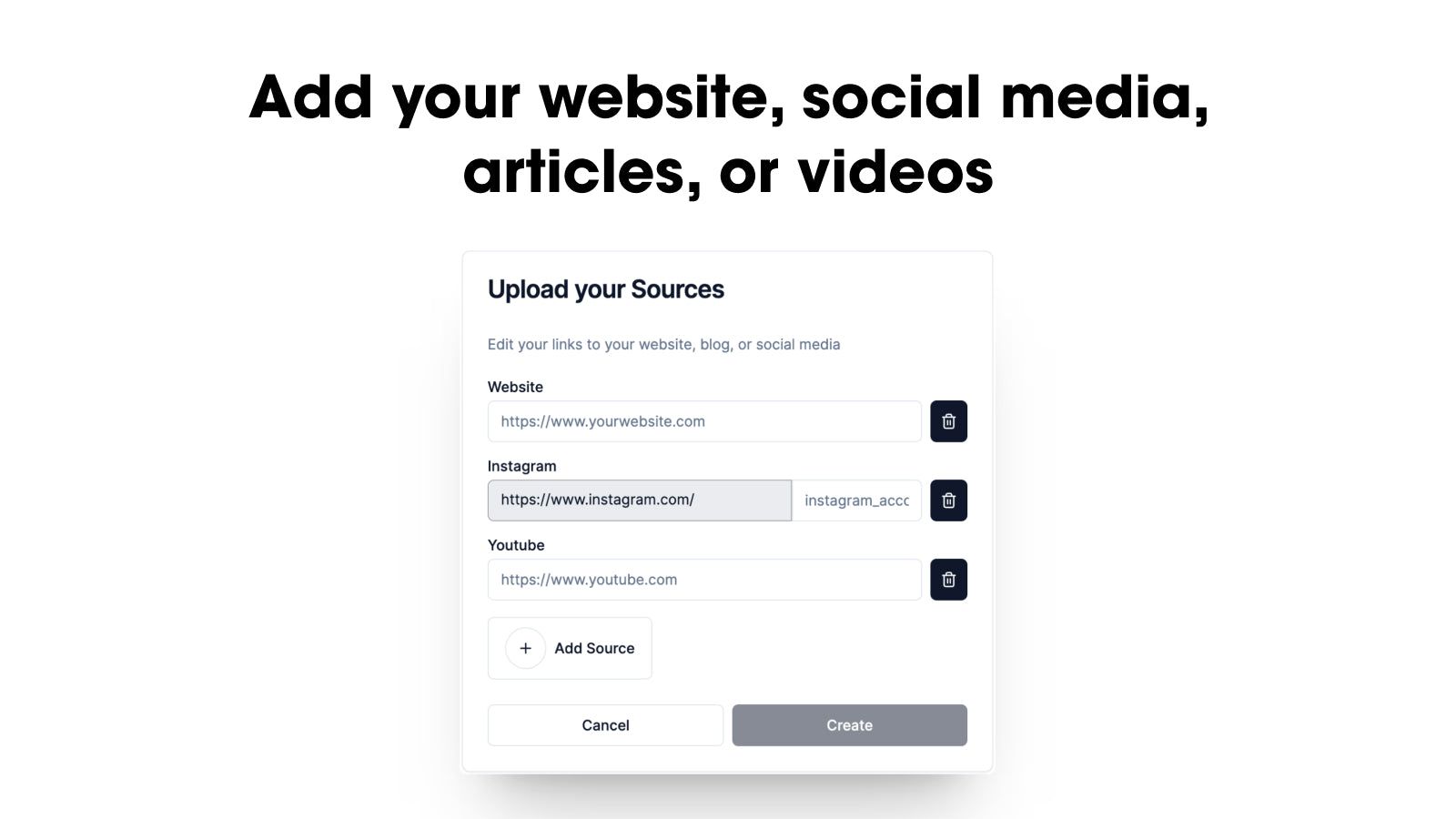 Add various content types: website, social media, videos