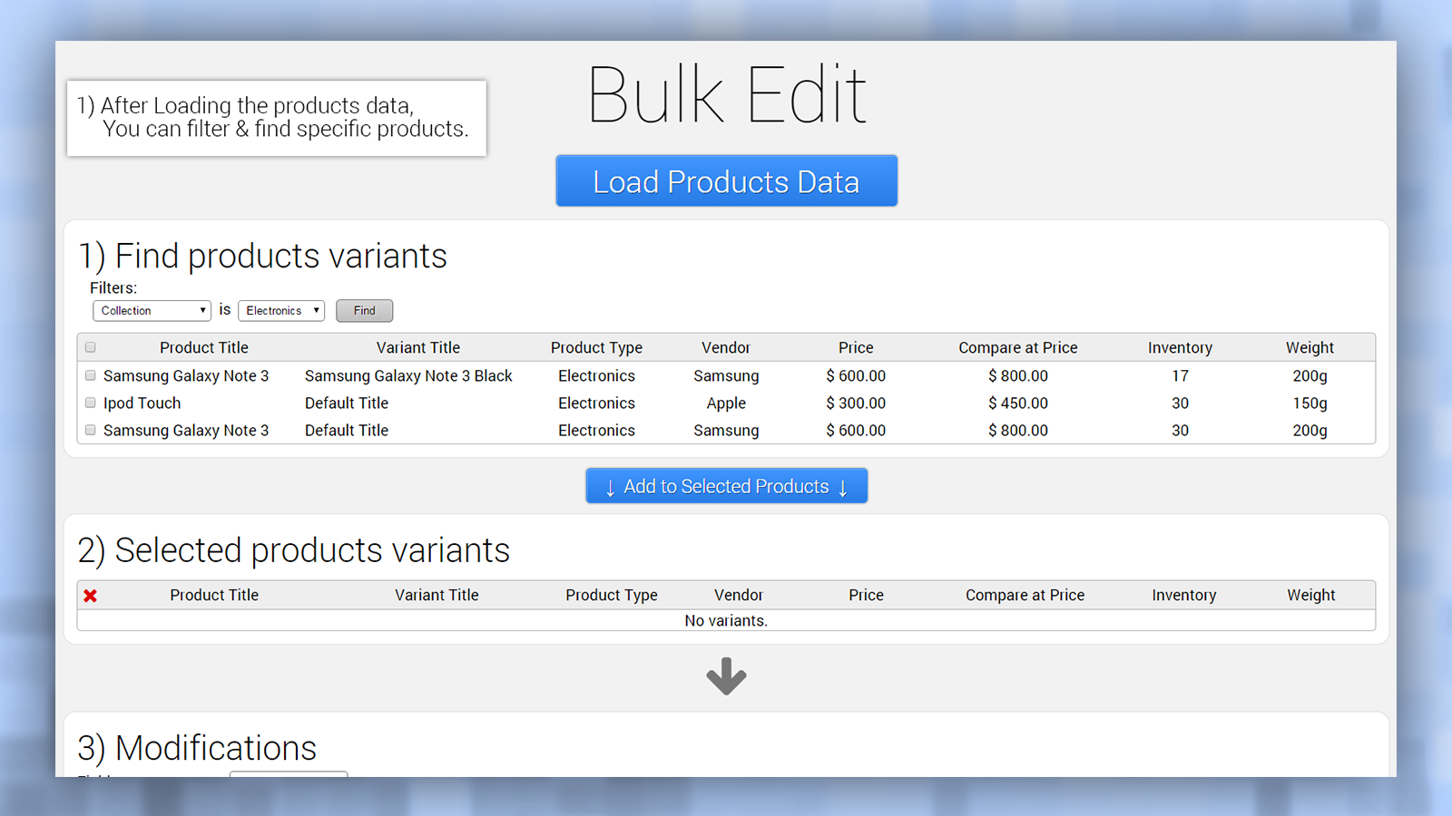 Admin panel step 1, find product variants