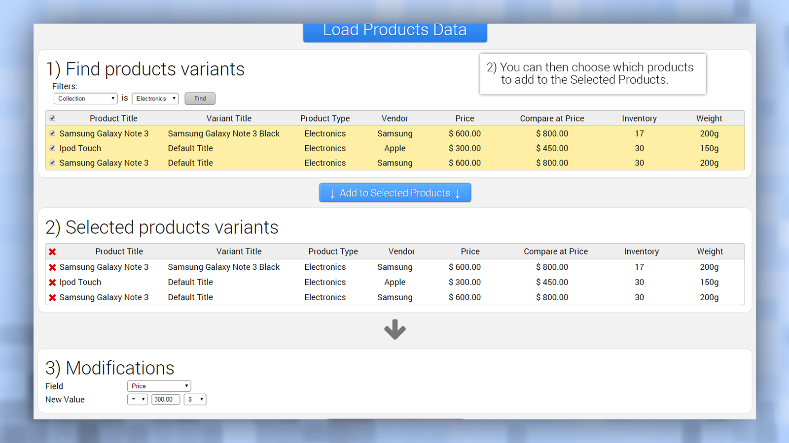 Admin panel step 2, select product variants