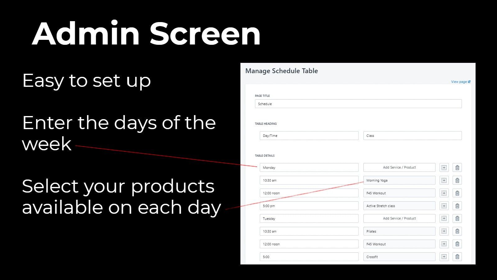 Admin screen for Shopify Schedule app