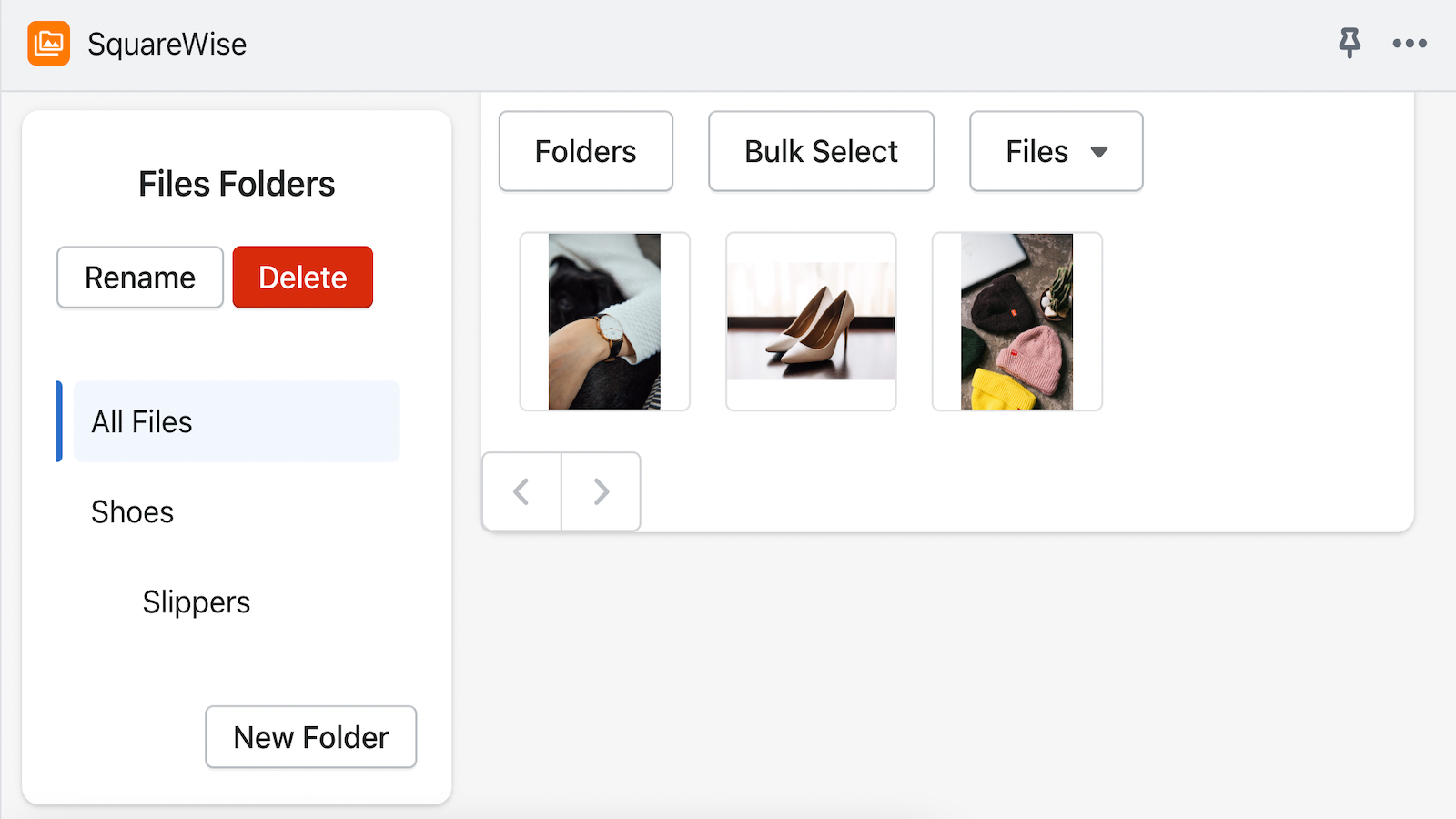 Admin user interface: all files and folders