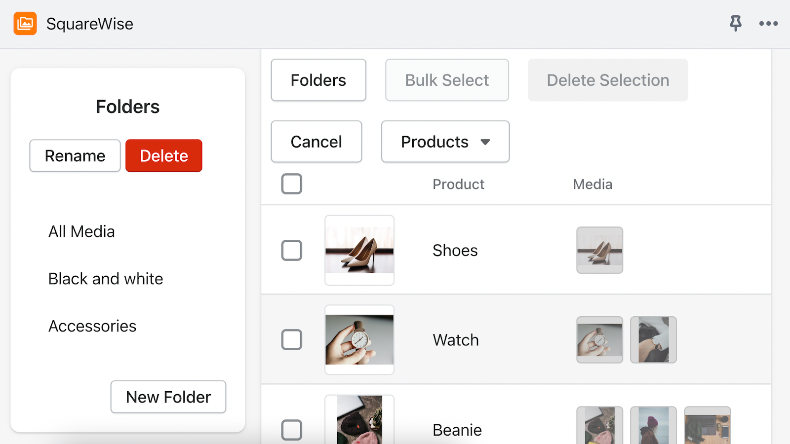 Admin user interface: products and folders