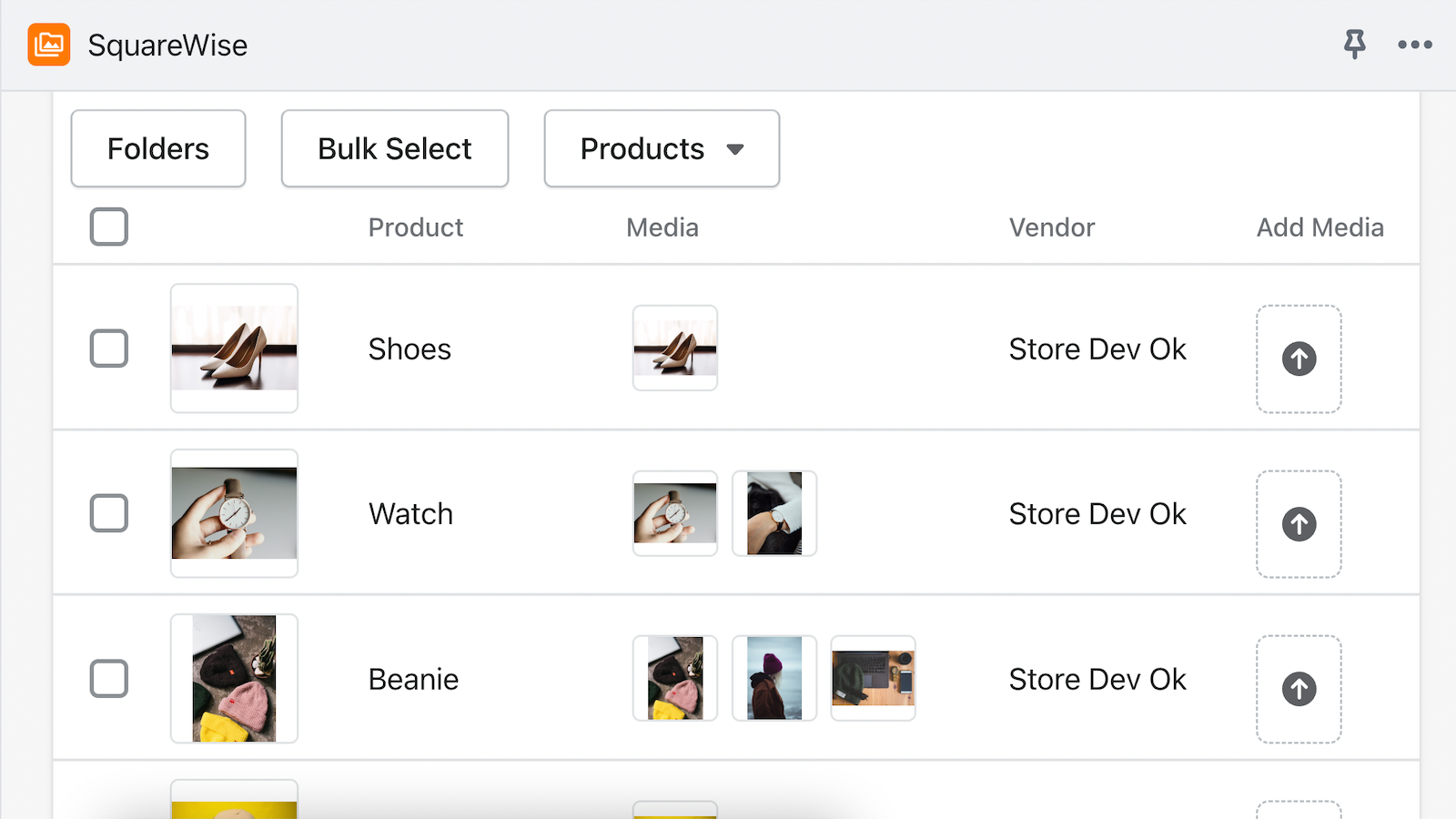 Admin user interface: products table