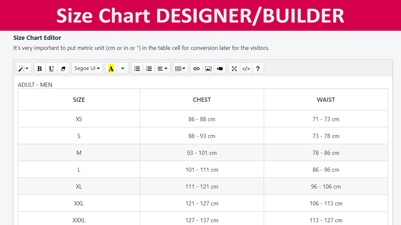 Advanced size chart designer