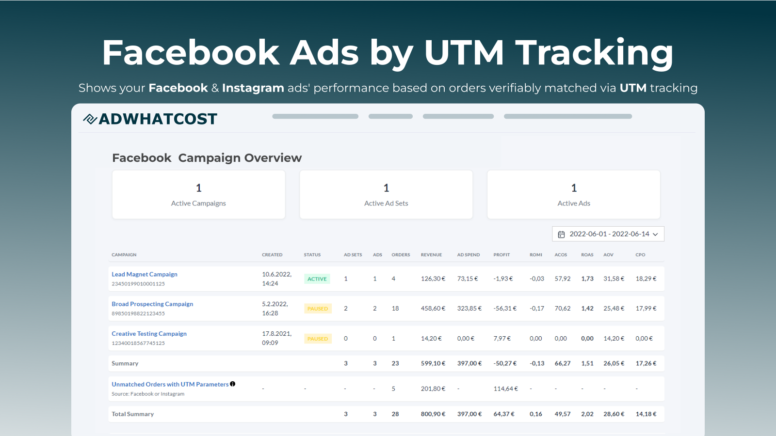 AdWhatCost - Facebook Ads Campaign Overview Page Screenshot