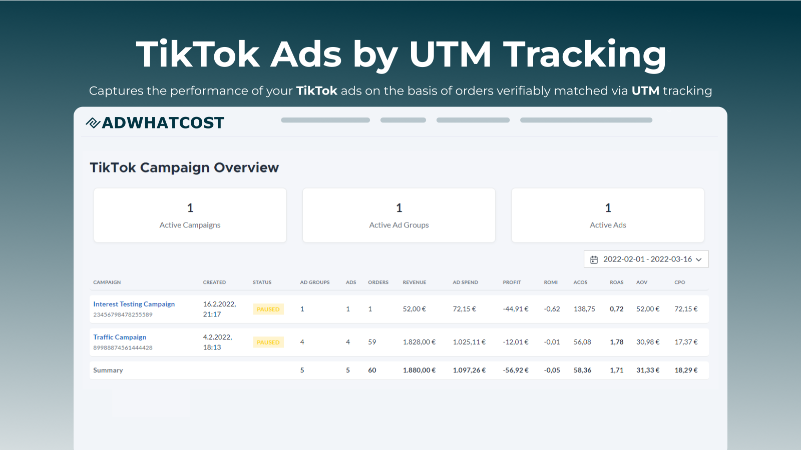 AdWhatCost - TikTok Ads Campaign Overview Page Screenshot