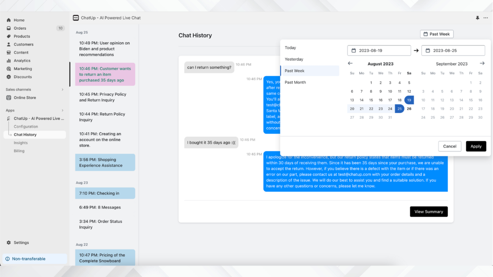 AI-powered live chat for shopify stores & displays chat history