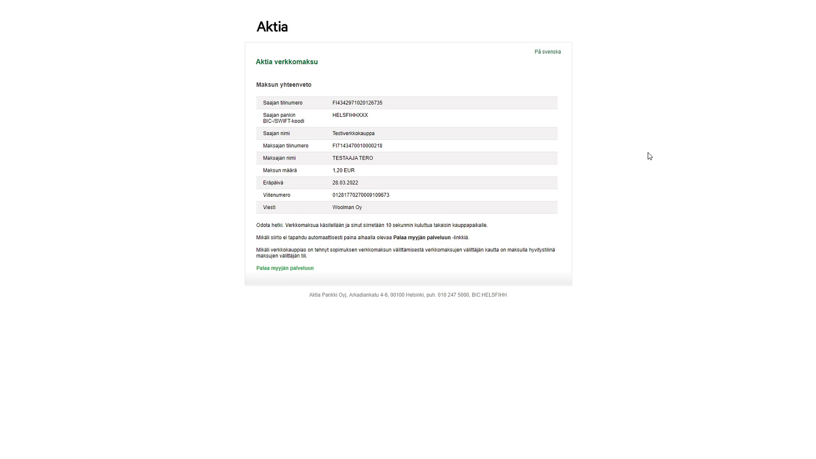 Aktia payment step 2