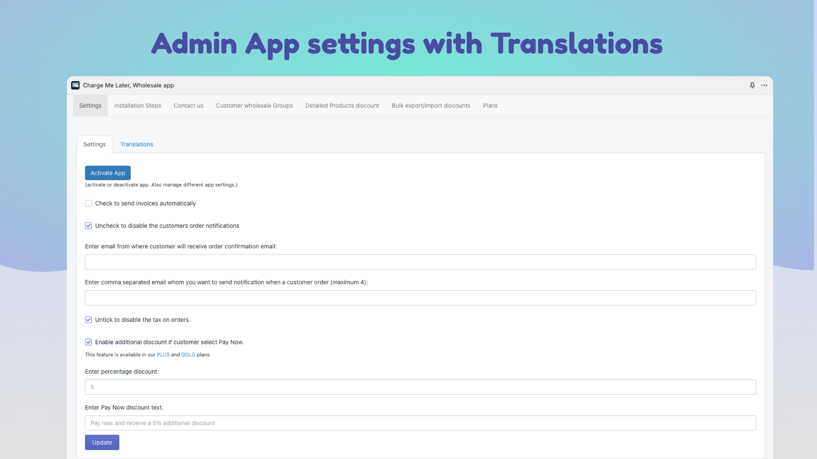 App admin settings with translations