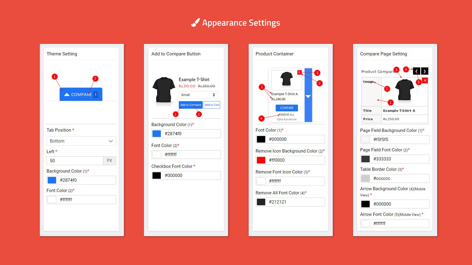 Appearance settings for product compare app widget to display
