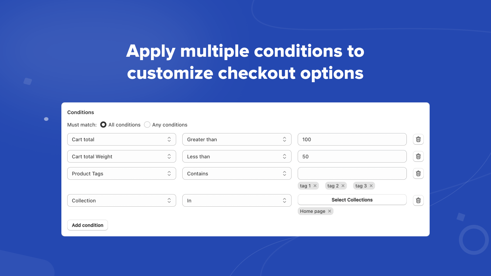 Apply multiple conditions to customize checkout options