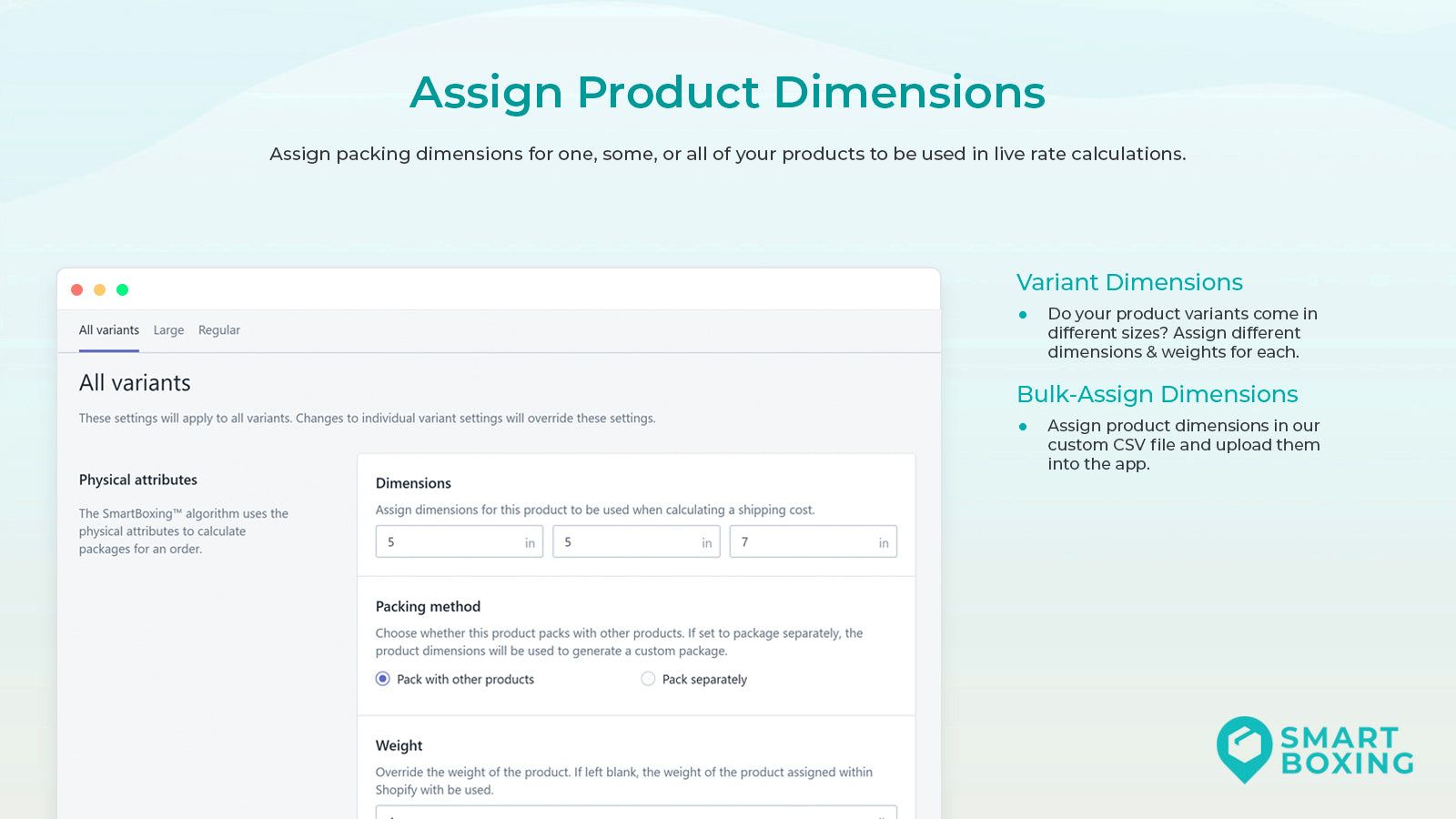 Assign product dimensions for volumetric rates at checkout