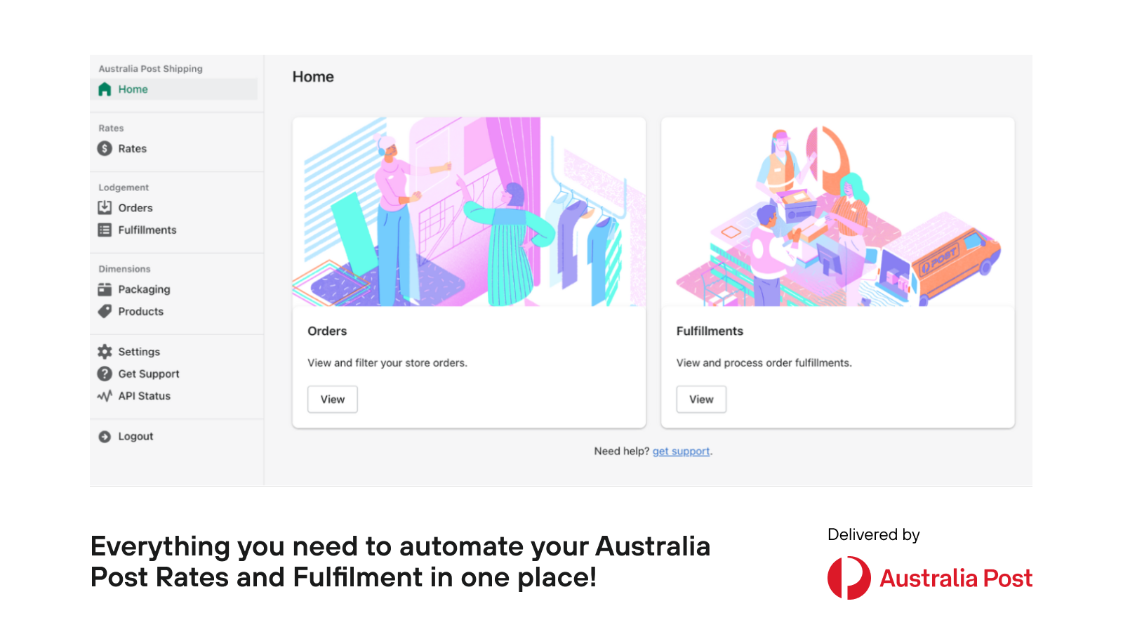Australia Post app dashboard for fulfilment & rates.