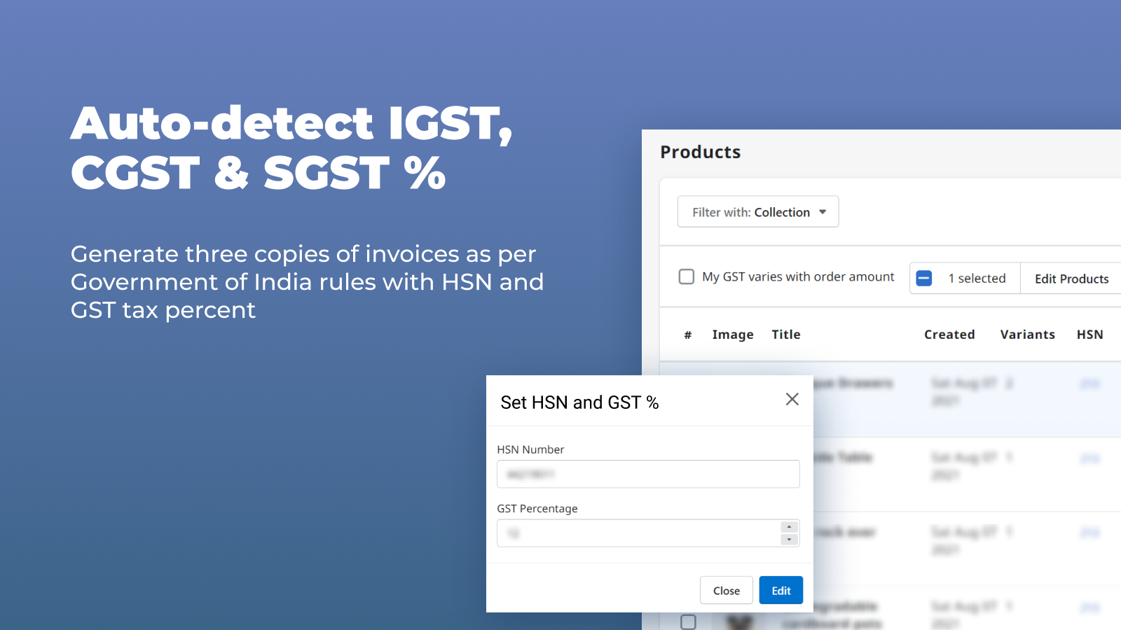 Auto calculate IGST, CGST and SGST as well as GST and HSN