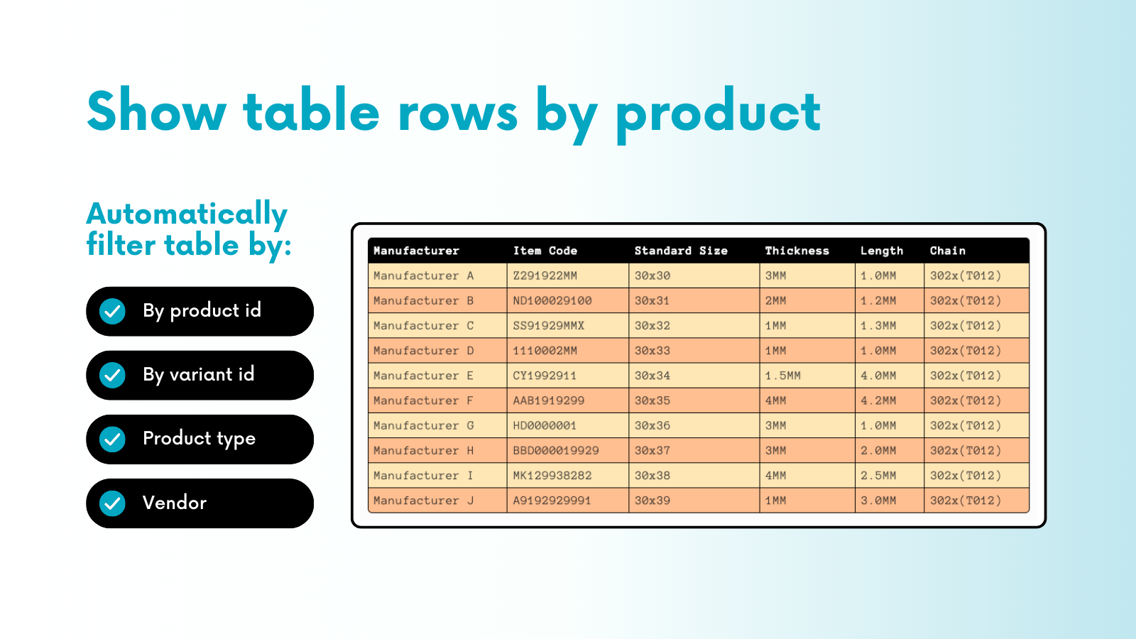 Auto filter table based on product attributes