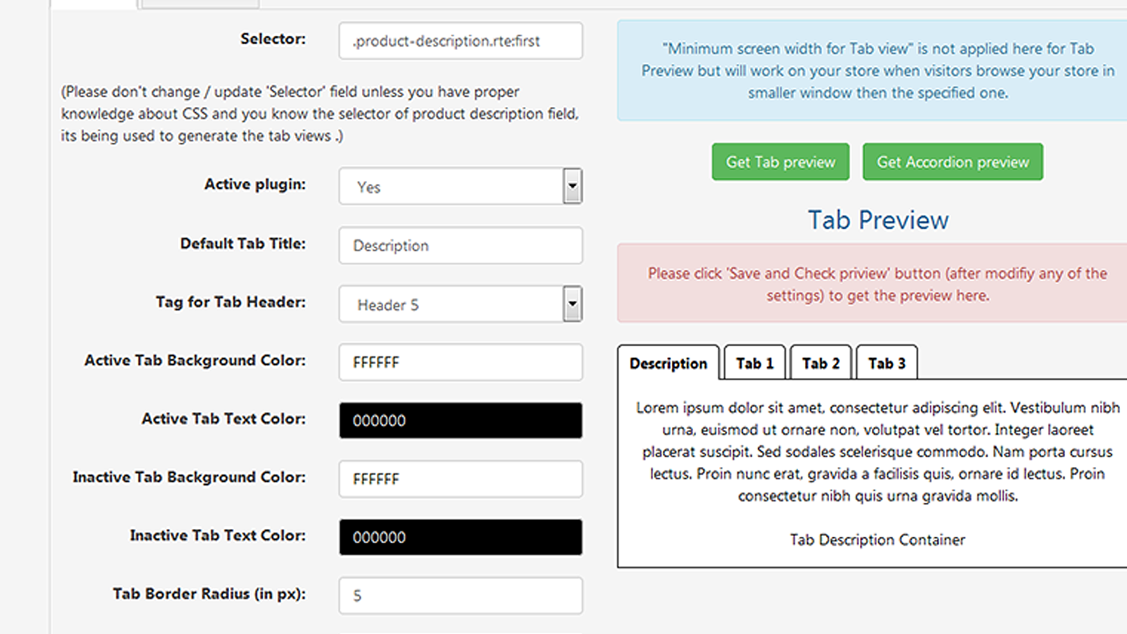 Auto generated product description tabs settings in app backend