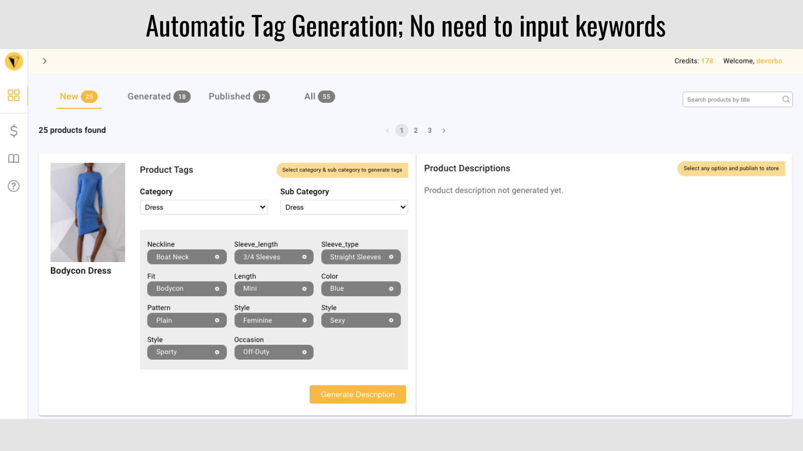 Automated product tags using AI. No need to input keywords