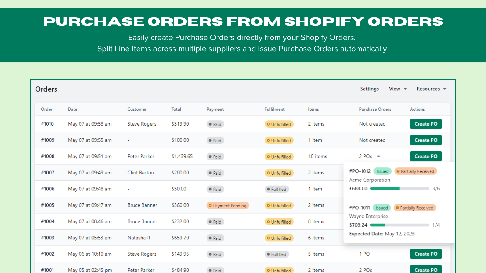 Automatically create POs from your Shopify Orders.
