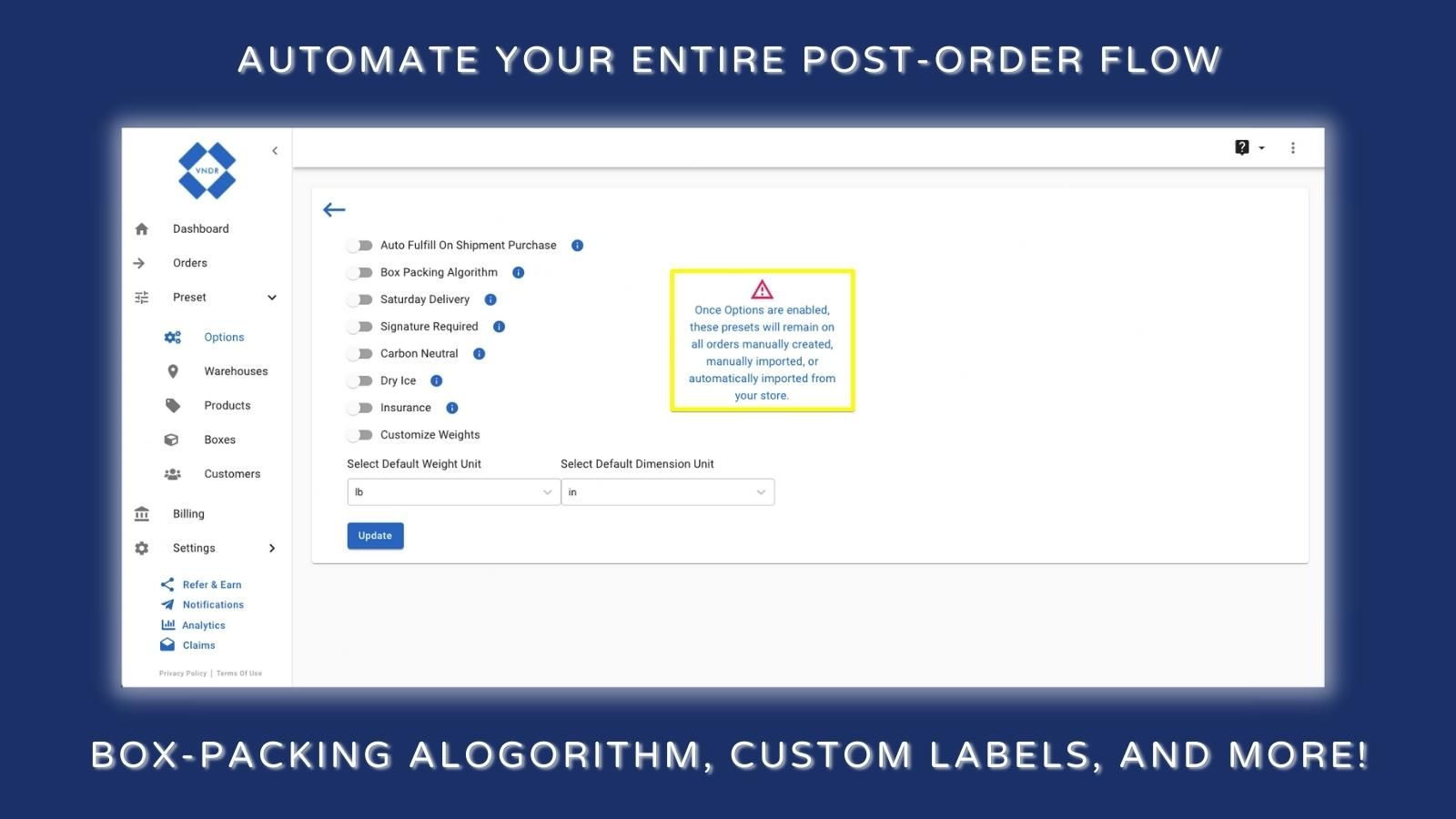 Automation, Box Packing Algorithm, Custom Labels