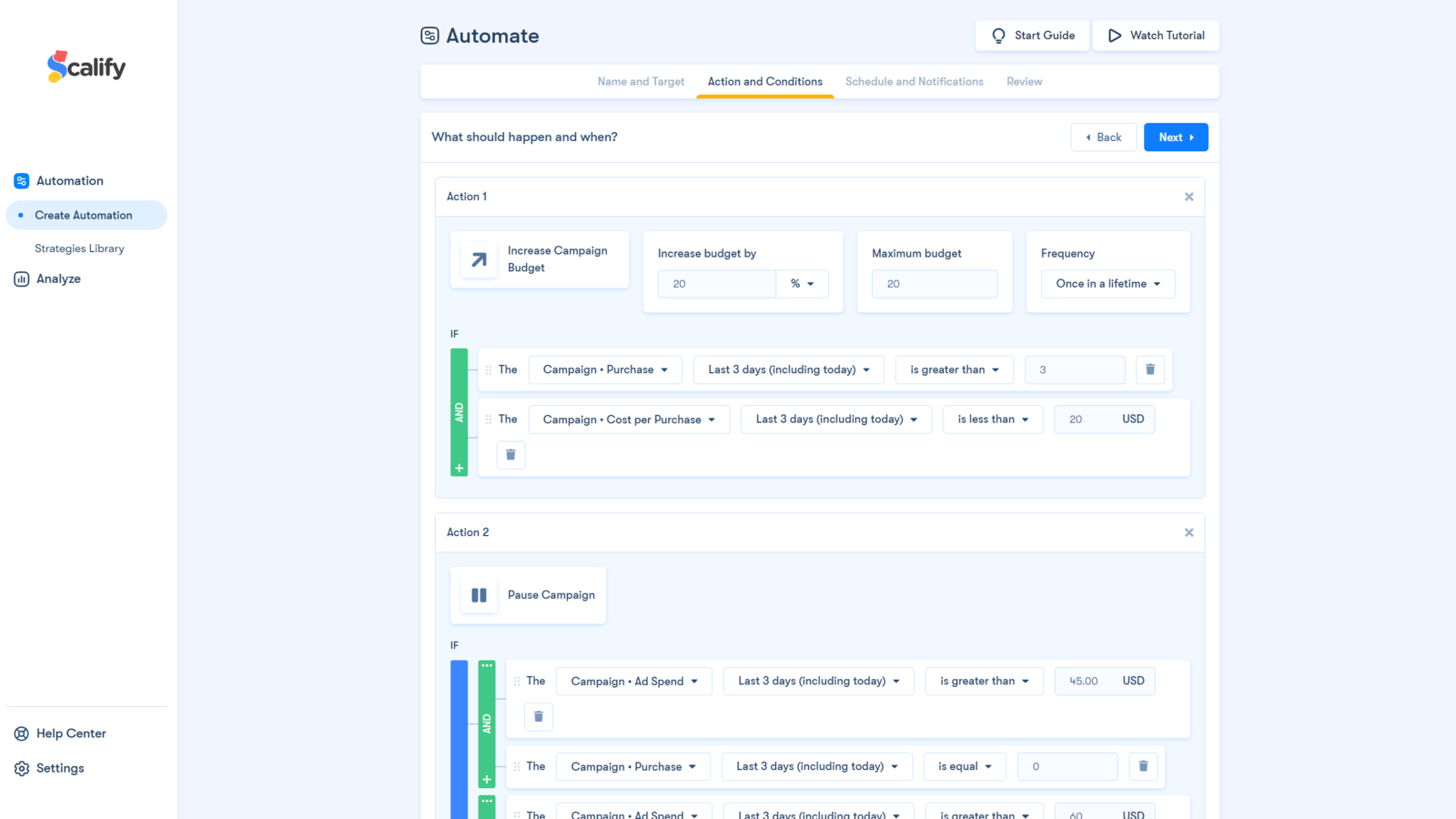 Automation builder with flexible filters, conditions and actions