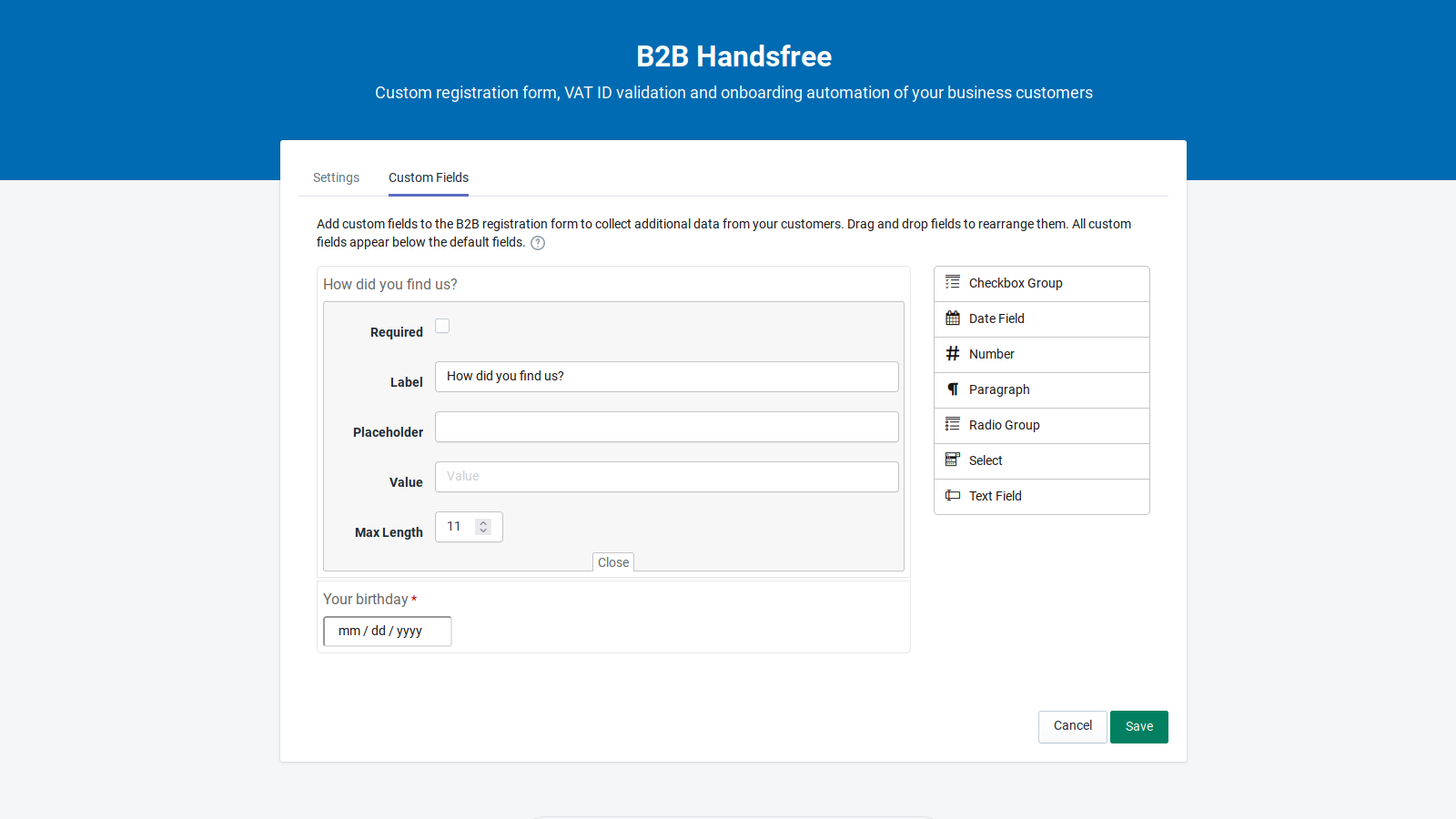 B2B Handsfree Custom Fields settings page