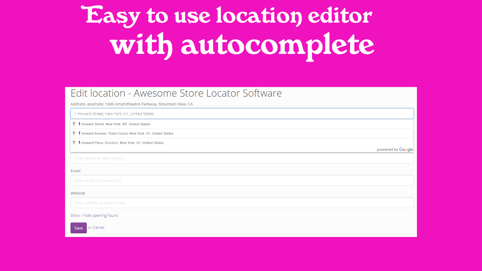 Backend admin features and easy to use editor with address autoc