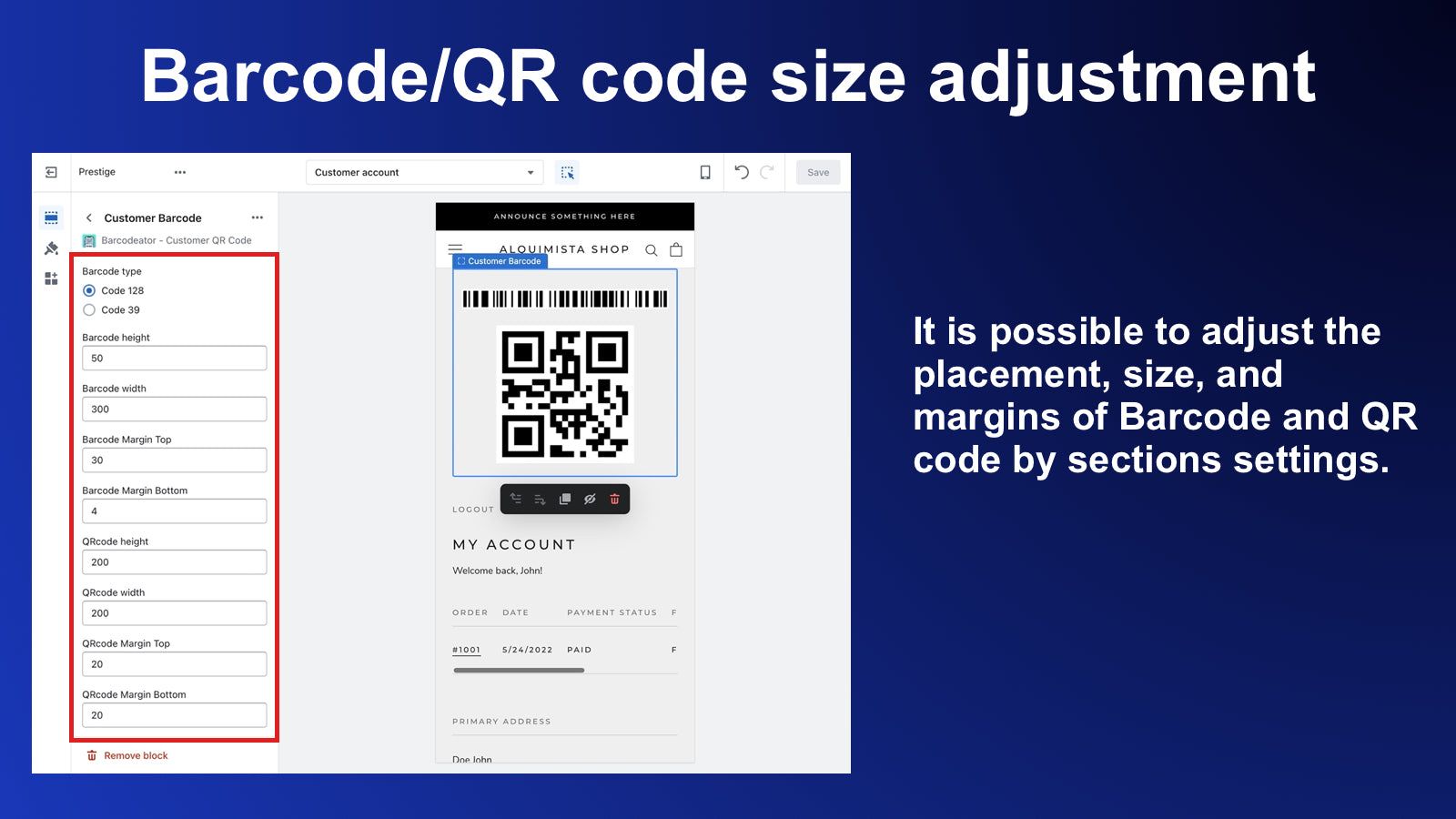 Barcode/QR code size adjustment