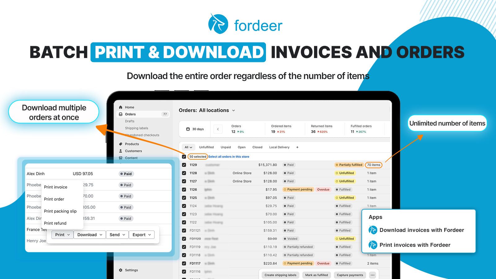 Batch print & download invoices and orders