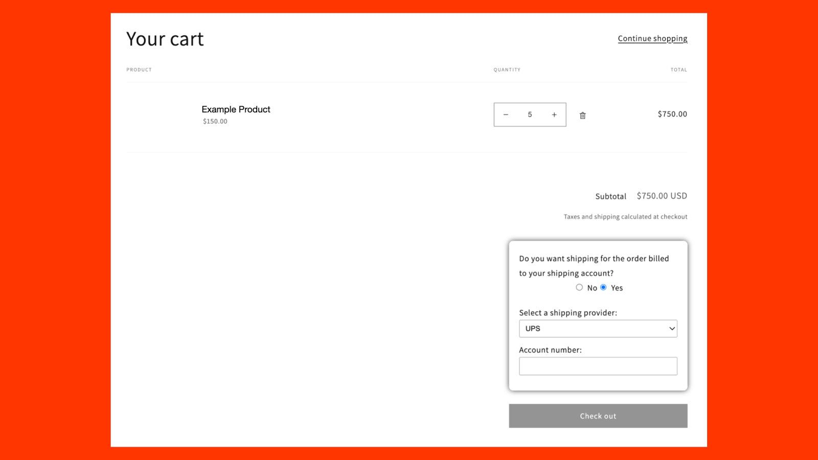 Bill-to shipping account option on Cart page.