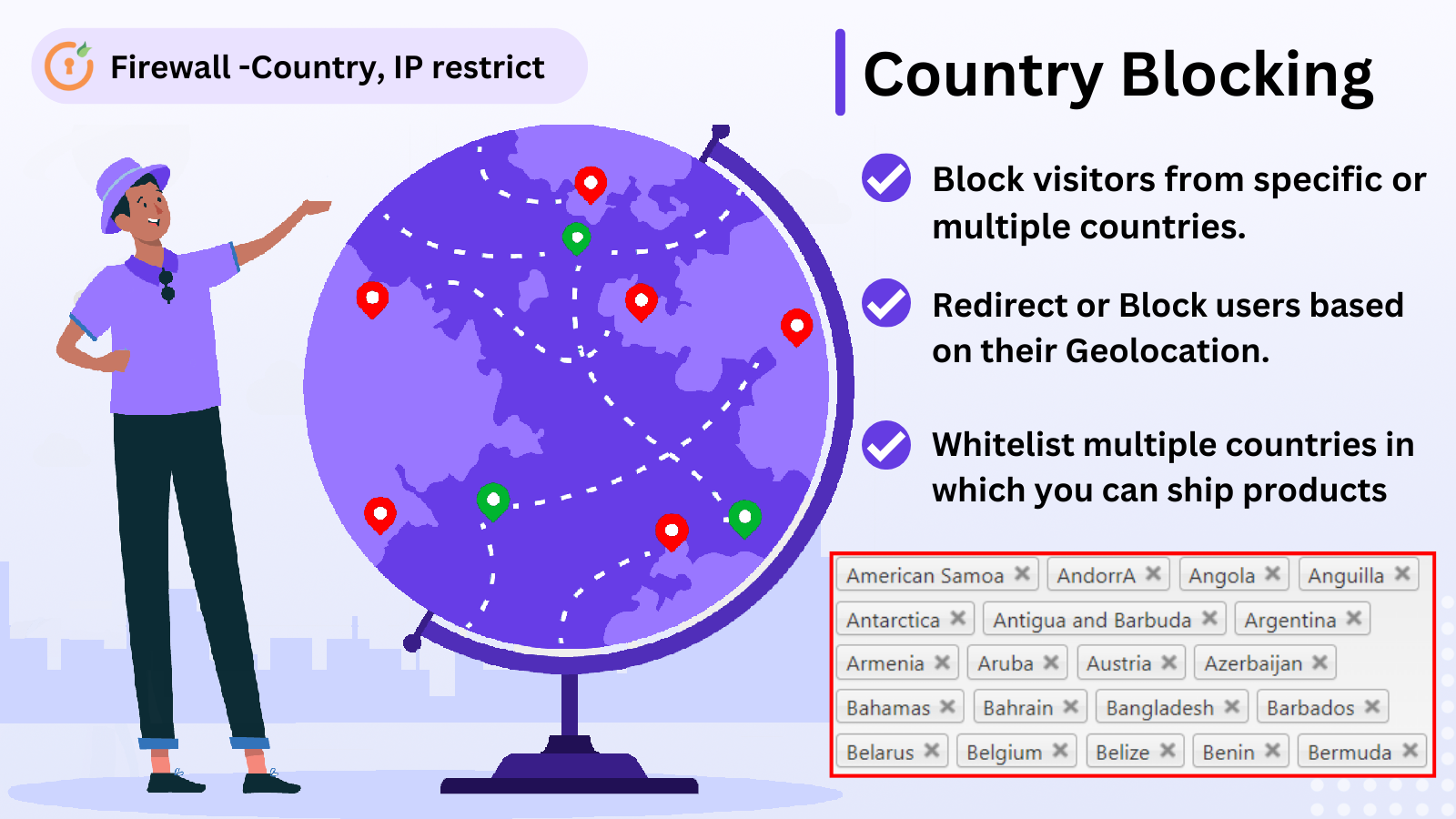 Block IP, Whitelist IP, Block Countries, Restrict Countries
