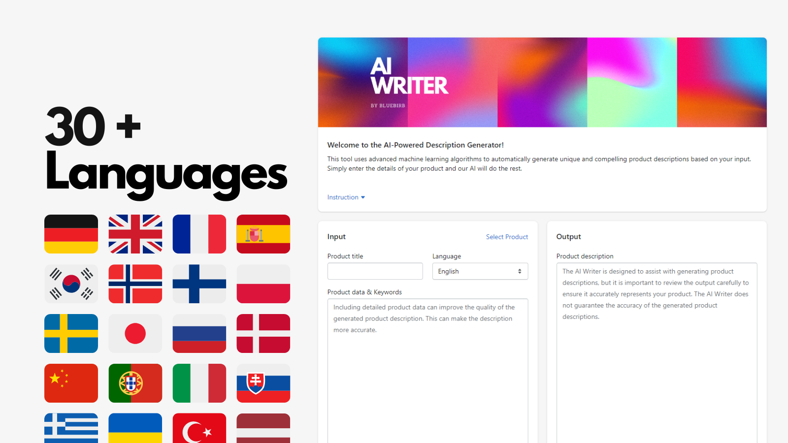 BlueBirb's AI Writer supports 30+ Languages